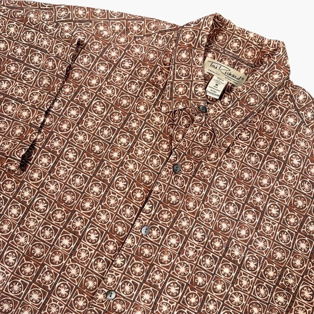 Tori Richard Shirt Mens Medium Brown Cotton Lawn Geometric Button Up Hawaiian - Picture 1 of 9